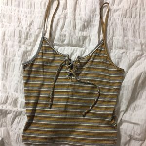Yellow Striped Lace up Crop Tank