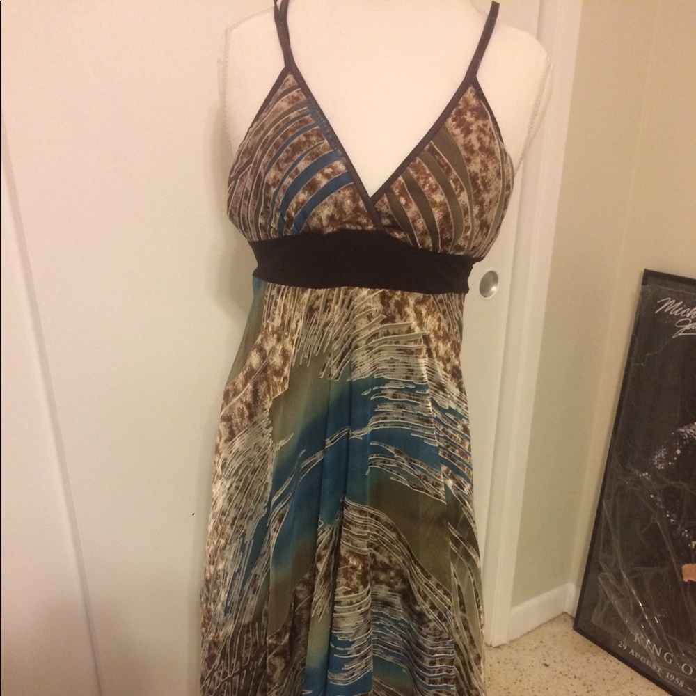 Yoo in me blue and brown plunge neckline dress