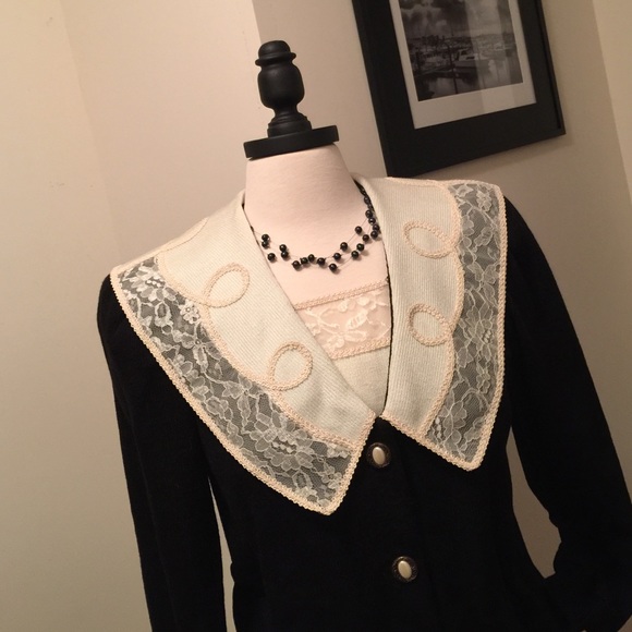 Nilani Sweaters - Black Sweater With Vintage Style Lace and Pearls