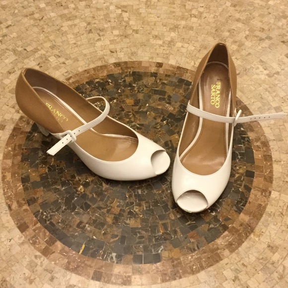 Franco Sarto White & Tan Peep Toe High Heel Sandal