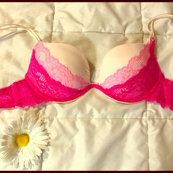Pink and white lace push up bra