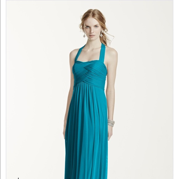 David's Bridal Long Halter Mesh Dress Oasis