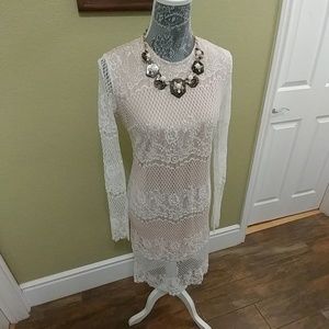 Cream Lace Dress nude underneath shell