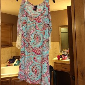 Paisley print peep shoulder dress