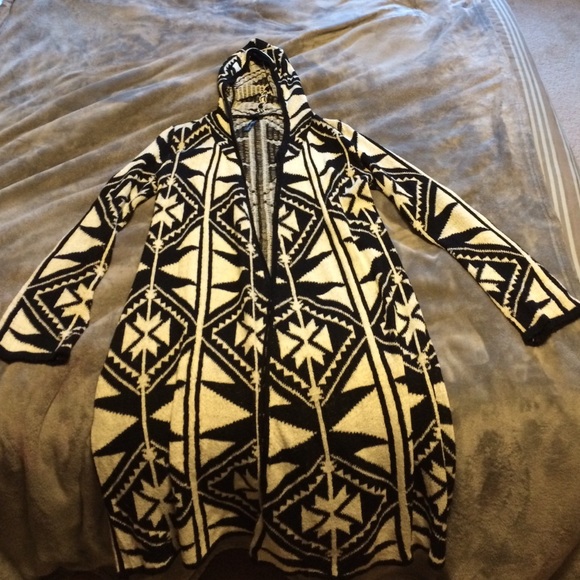 Black and white hooded tribal cardigan