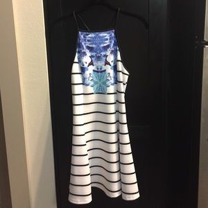 White w/Black Stripes & Floral Print Dress