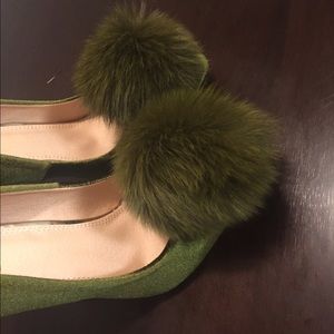 Green Velvet Pom Pom Heels 5"