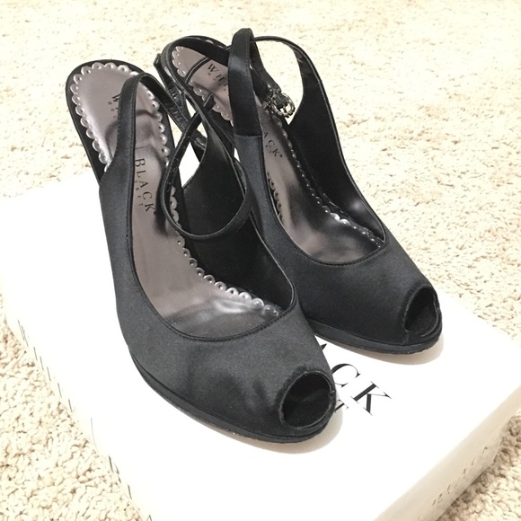 Black satin peep toe heels. WHBM. Size 8.
