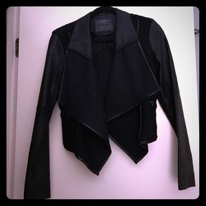 Blanknyc Drape Front Faux Leather Sleeve Jacket