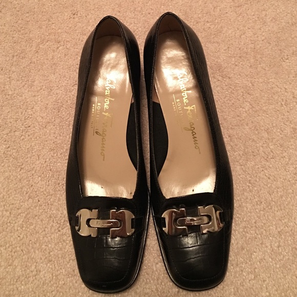 Salvatore Ferragamo Black croc print leather heels