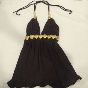 Brown halter top with gold metal leaves