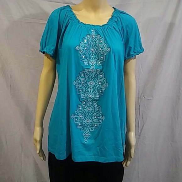JM Collection Embroided Short Sleeve Teal