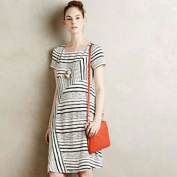 Anthropologie cream and dark blue shift dress