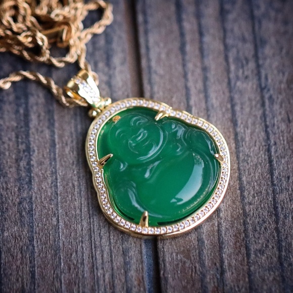 Hip Hop Gold Green Jade Buddha Pendant Necklace - Picture 2 of 3