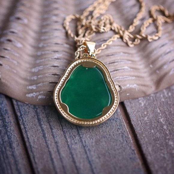 Hip Hop Gold Green Jade Buddha Pendant Necklace - Picture 3 of 3