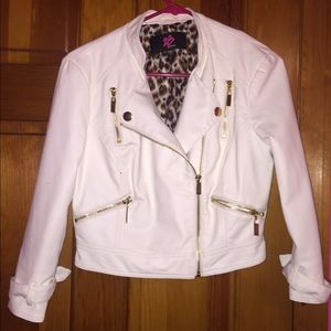 White and Gold Bebe Fake Leather Jacket