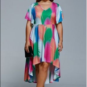 Plus Feather Print High Low Short Sleeve Dress