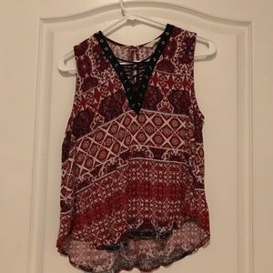 Boho print lace up top