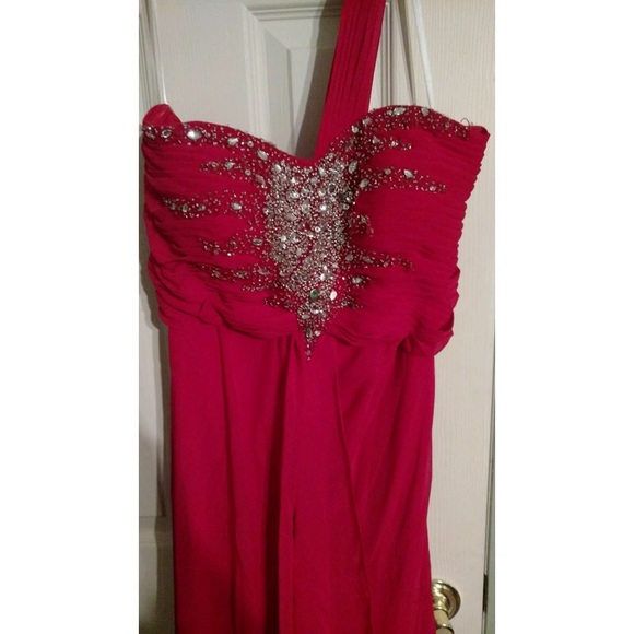 Betsy & Adam Ruby Red Embellished Prom Gown