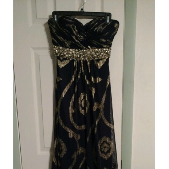 Betsy & Adam Navy Blue & Gold Strapless Prom Gown