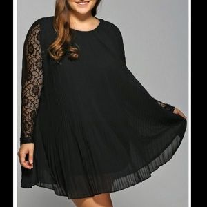 Plus Size Long Sleeve Lace Pleated Dress