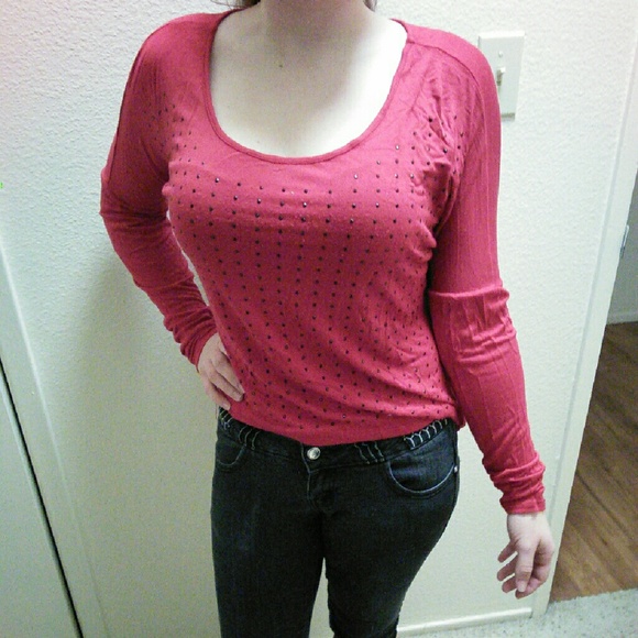 Red long sleeve shirt with rhinestones