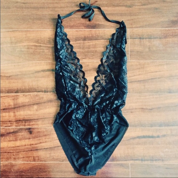 New Black Sheer Bodysuit Deep V Rose Lace - Picture 2 of 4