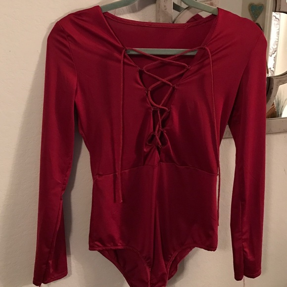 Red lace up leotard/ bodysuit