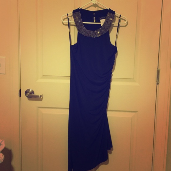 Beaded neck navy blue dress
