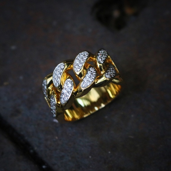 18k Gold And Rhodium Iced Out Cuban Link Ring - Picture 2 of 3
