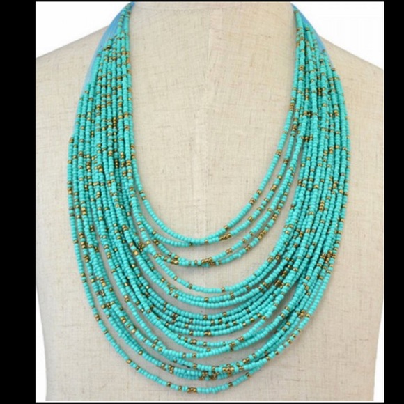 Multi-string teal and gold beaded necklace