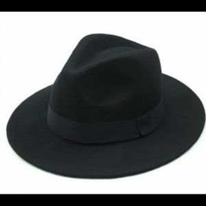Wide Brim Black Felt Fedora Hat