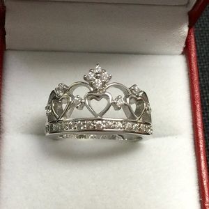 Sterling silver CZ princess crown heart ring