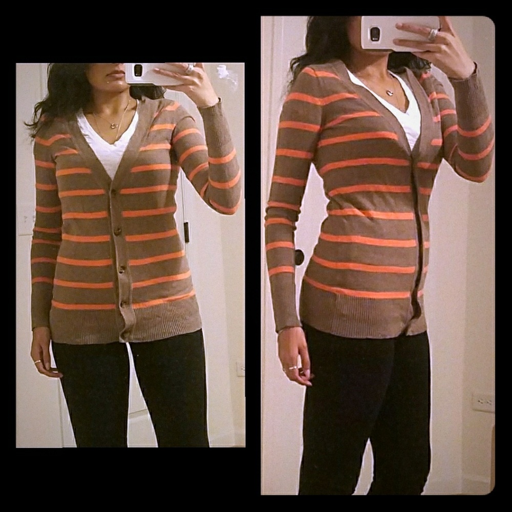 Tan and pink striped button down cardigan, XS