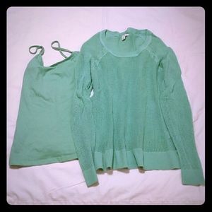 Matching green cami and open knit sweater, size XS