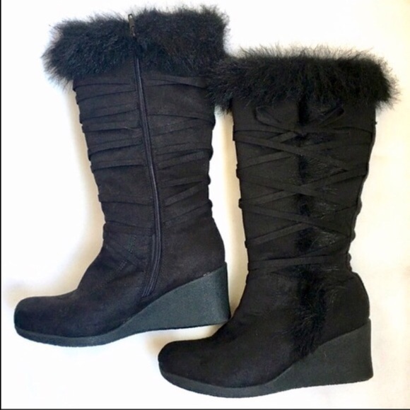 NEW! Faux suede mid calf lace-up wedge heel boots