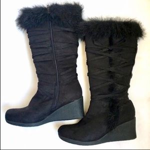 NEW! Faux suede mid calf lace-up wedge heel boots