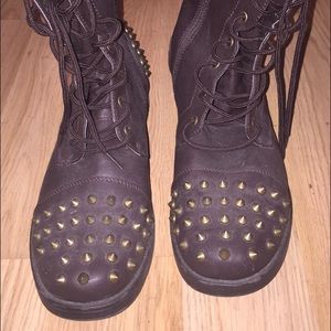 Brown lace up studded combat boots