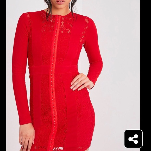 Issie Red Long Sleeve Lace Panel Bodycon Dress