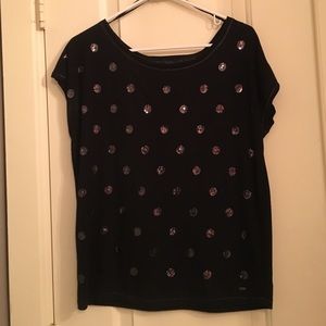 Flashy black with black sequin polka-dot top