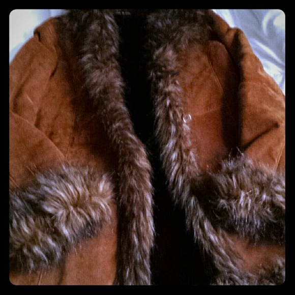 Brushed faux fur trimmed leather coat