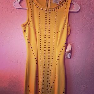 Gold fitted mini dress with rhinestones