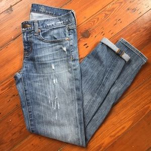 J.Crew distressed toothpick jeans.