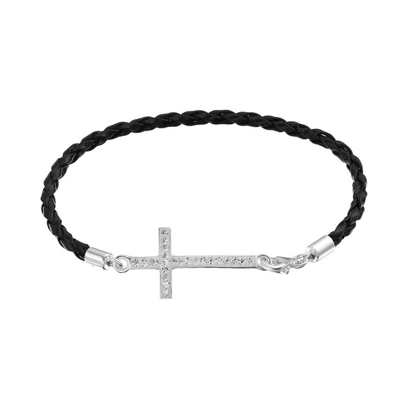 "FAITH" Crystal Cross Woven Leather Bracelet - Picture 2 of 3