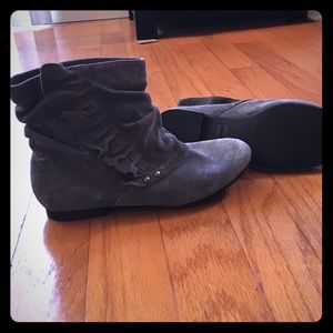 Gray suede bootie with ruffle detail