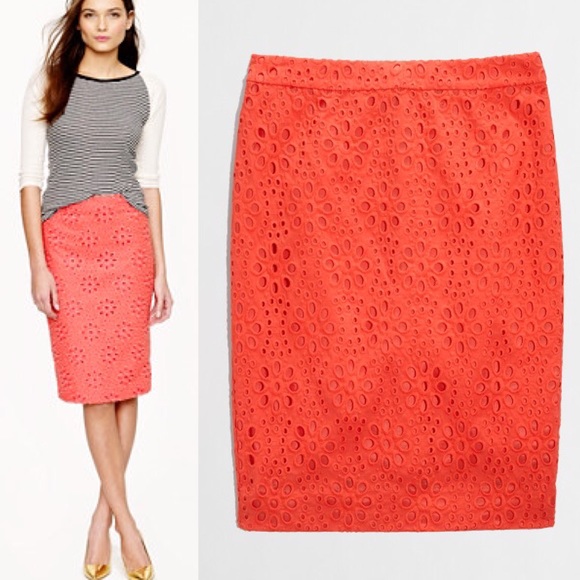 J. Crew Dresses & Skirts - 🎉HP J.Crew Pencil Skirt Floral Eyelet Coral Orang
