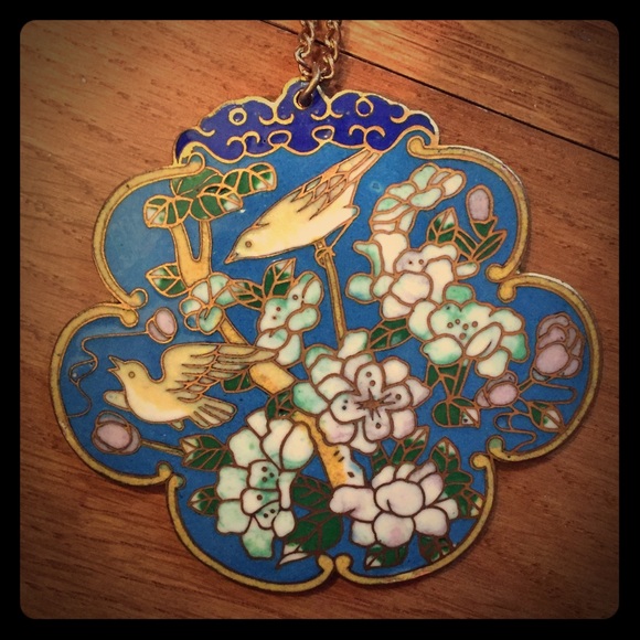 Vintage cloisonné bird & blossom necklace