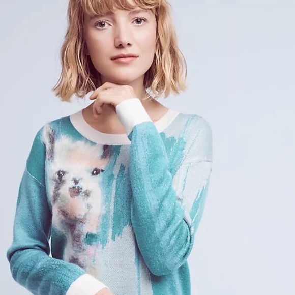 Anthropologie Watercolor Blue Farm Animal Sweater