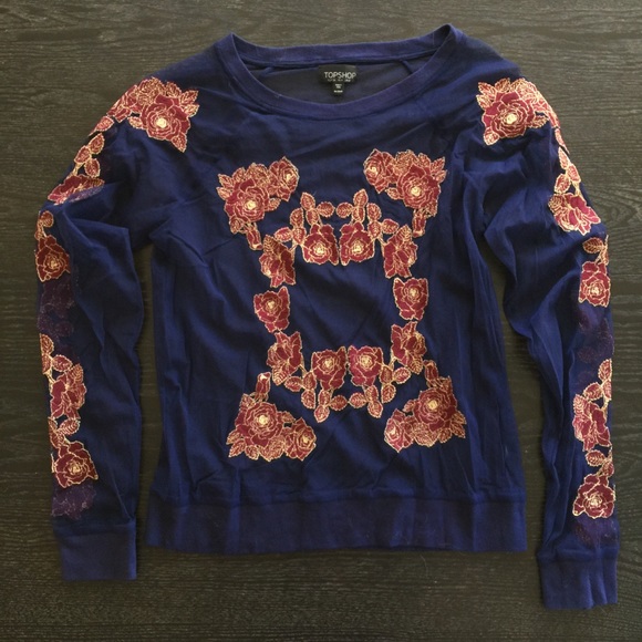 Topshop navy mesh embroidered long sleeve