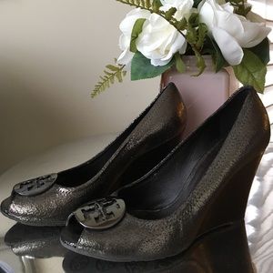 Tory Burch Pewter Peep Toe Wedges